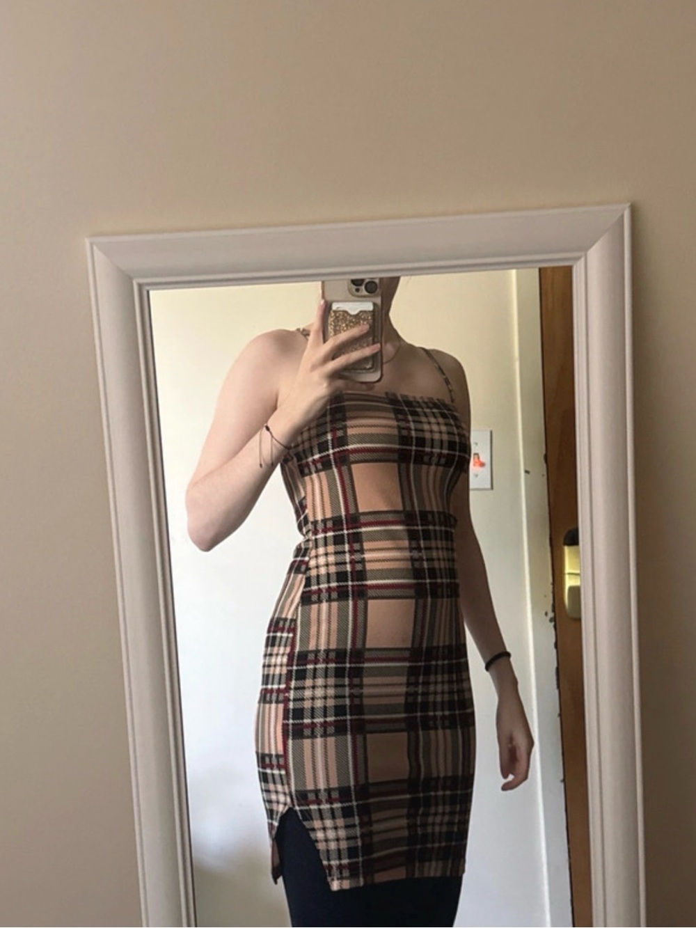 SHEIN Strapless Plaid Bodycon Dress in Beige and Black